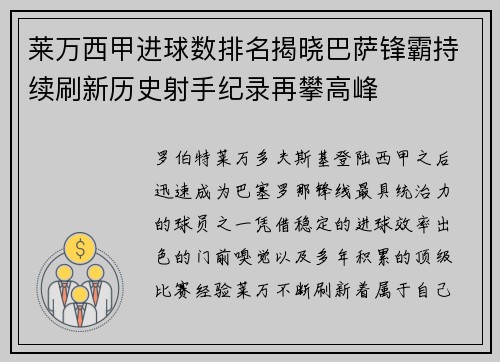 莱万西甲进球数排名揭晓巴萨锋霸持续刷新历史射手纪录再攀高峰